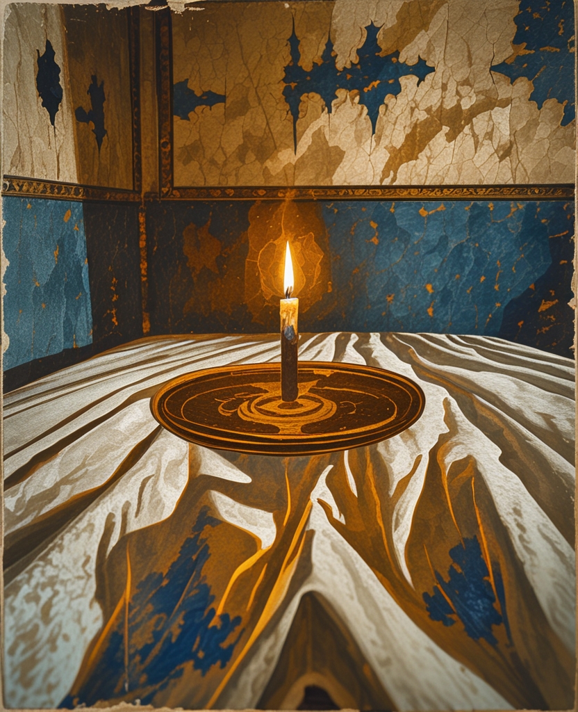 In the light cast by my candle, I couldn’t see him, only the edge of his white mattress which lay like a shrouded body in the middle of the dark, cold room.