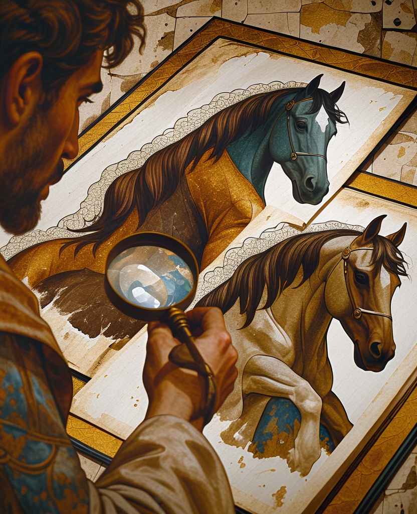 Like an eagle gliding elegantly over a tract of land, his eye, which he maintained at a constant distance from the lens, passed ever so slowly over the three marvelous horse illustrations.