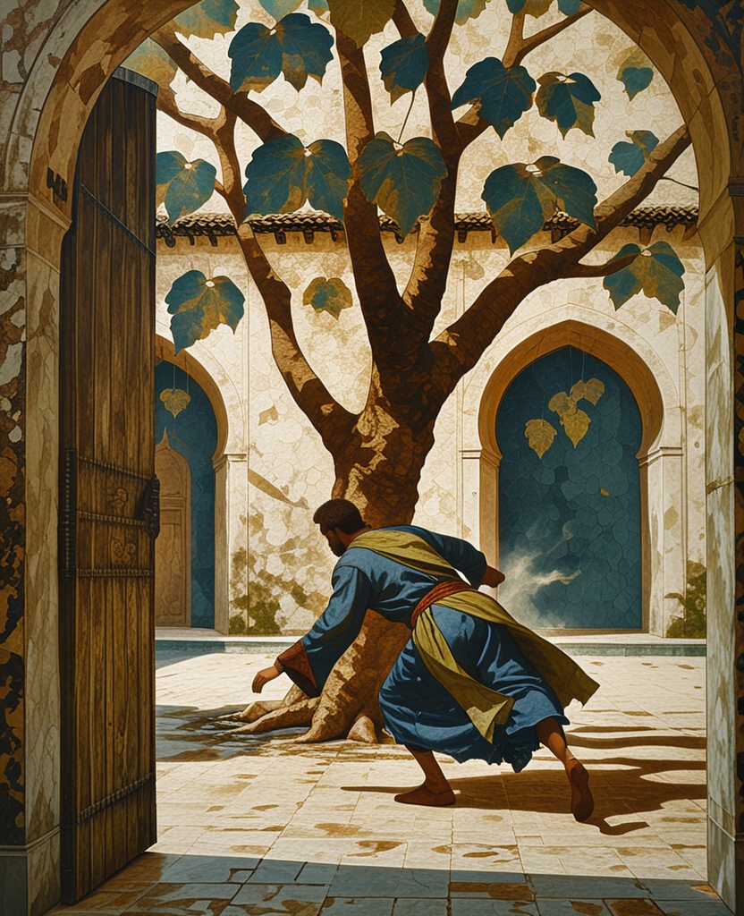 As I was trying to observe them through the half-opened door, I saw somebody scuttle quickly backward as if possessed by a jinn, seeking shelter behind one of the mulberry trees.