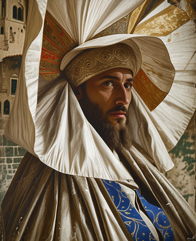 His headdress, which resembled a sail, was even more peculiar than he.
