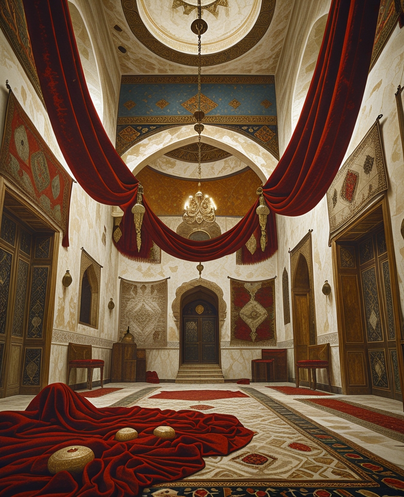 This chamber was red, tinged with the color of the velvet cloth, carpets and kilims hanging on the walls.