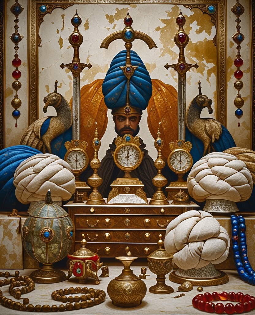 diamond-handled scimitars, ruby-handled maces, quilted turbans, turban plumes, curious clocks, ewers and daggers, ivory statues of horses and elephants, narghiles with diamond-studded tops, mother-of-pearl chests of drawers, horse aigrettes, strands of large prayer beads, and helmets adorned with rubies and turquoise.