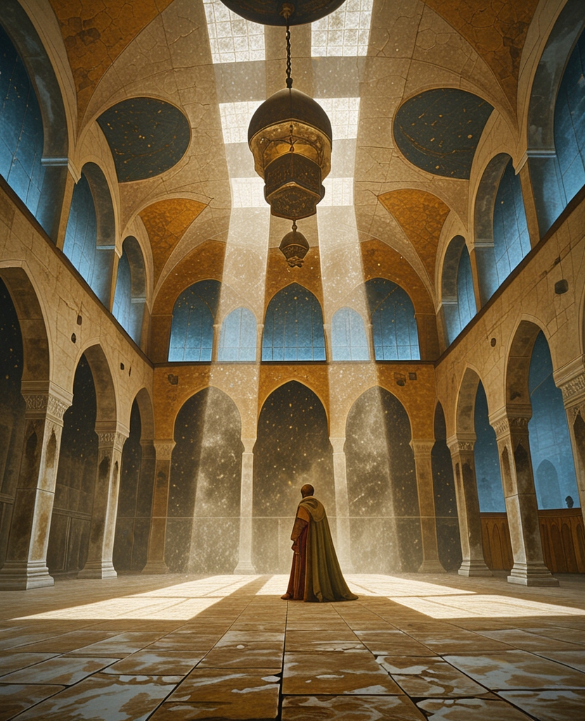 This light, which filtered faintly down from the high windows, illuminated floating dust particles in the half-darkened room like the summer sunlight that streams in from the glass skylight atop the dome of a mosque—but this wasn’t sunlight.