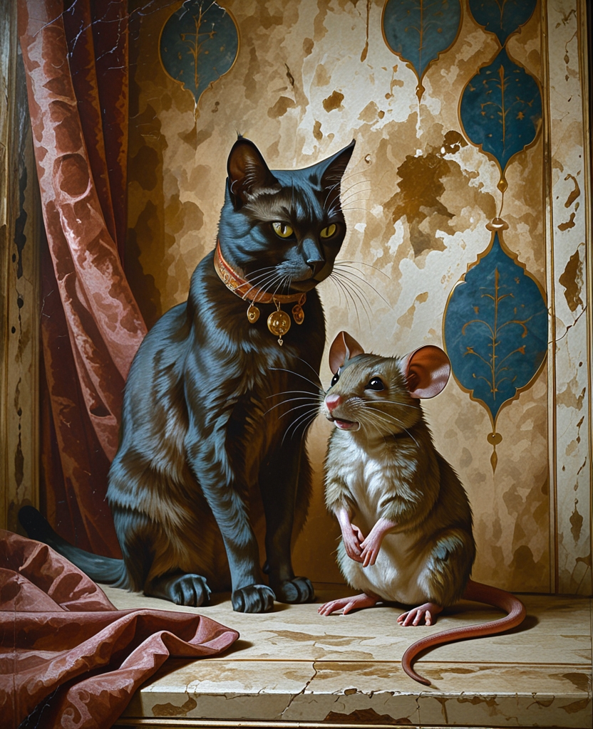 This was a picture that showed the forced friendship between the cat and the mouse from Kelile and Dimne.