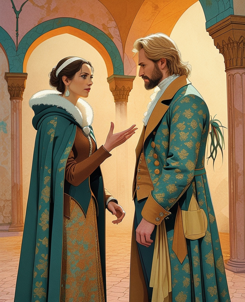 This was a pleasant picture of a mysterious woman and a man: The woman had elegantly opened one hand while asking a question, holding her knee with the other over her green cloak, as the man turned to her and listened intently.