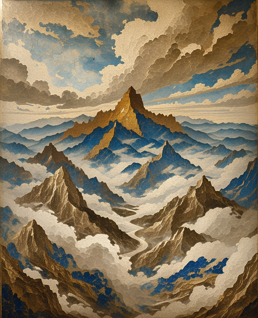 In the pages of an album we saw high mountains interwoven with curling clouds in a landscape illustration that seemed to go on forever.