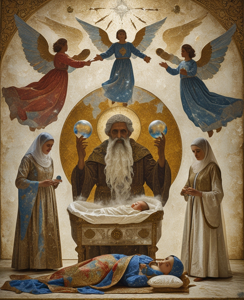 We saw the angels accompanying Our Exalted Prophet during his Ascension; the dark-skinned, six-armed, long-white-bearded old man symbolizing Saturn; and baby Rüstem sleeping peacefully in his mother-of-pearl-inlaid cradle beneath the watchful eyes of his mother and nursemaids.