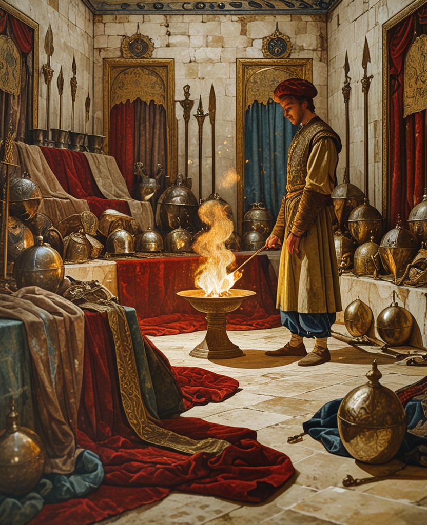I’d leave the master’s side—without even a glance at the nostrils of the horse Hüsrev rode—and try to warm myself at the brazier or I’d walk respectfully and awestruck among the heaps of cloth, gold, weapons, armor and plunder in the adjacent rooms of the Treasury.