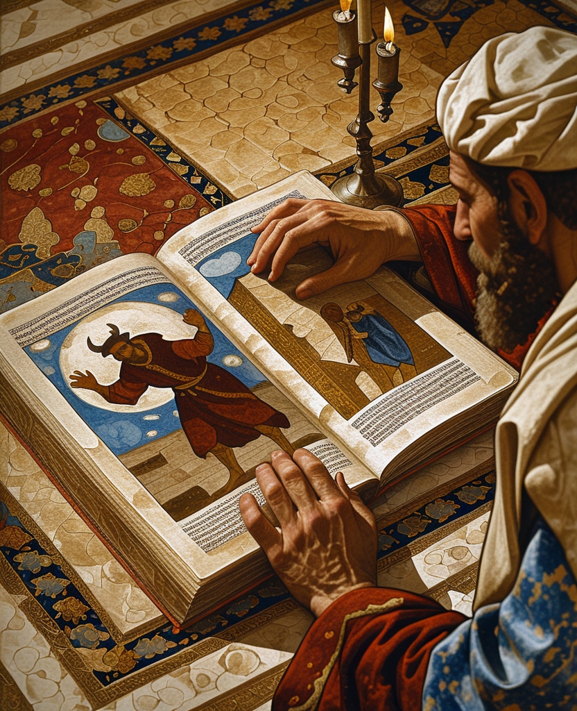 running to his side, I’d look at the picture the master was holding with his hand slightly atremble as he sat curled up on an Ushak carpet dating from the time of Sultan Mehmed the Conqueror, only to encounter an illustration, the likes of which I’d never before seen, depicting, say, Satan slyly boarding Noah’s ark.