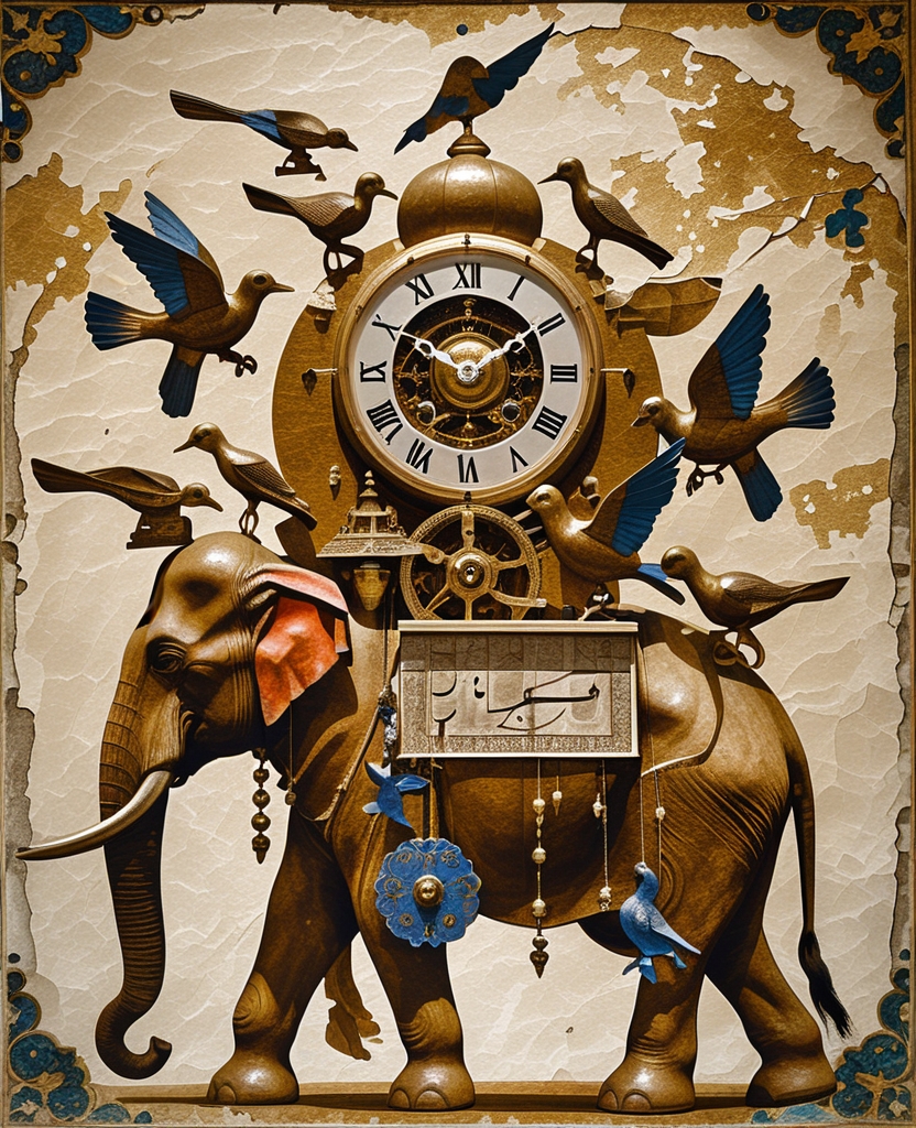 Then, looking at an illustration that brought to life the inner workings of a complicated clock made from bobbins and metal balls, birds and Arabic statuettes seated on the back of an elephant, we remembered time.