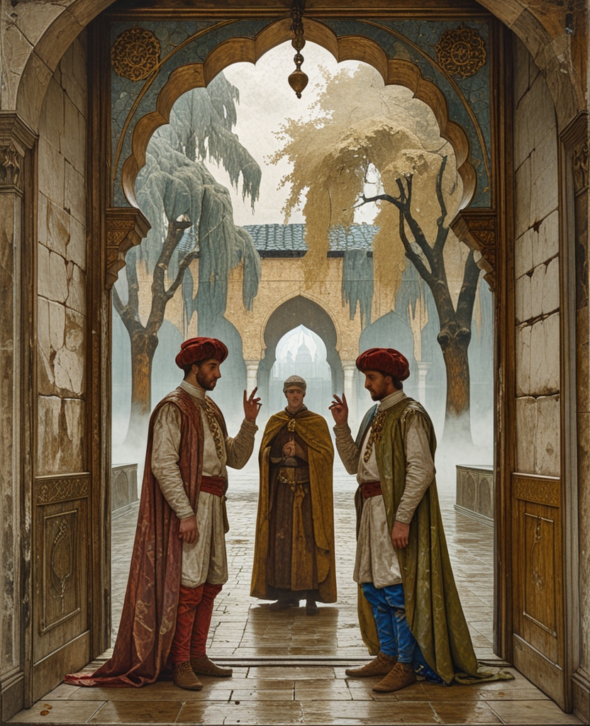 Through the opened half of the Treasury portal, I was beckoned to the magnificence of life outside by the large damp plane trees in the courtyard of the Enderun—now under a hint of fog—and by the gestures of two royal pages, speaking to each other in a sign language so as not to disturb the peace of Our Sultan; but I remained where I was, frozen by embarrassment and guilt.