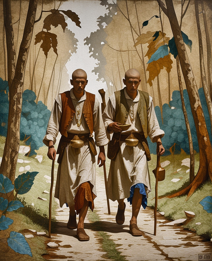 We were barefoot, our heads were shaven, and we were half naked; each of us was wearing a vest and the hide of a deer, a belt around our waists and we were holding our walking sticks, our begging bowls dangling from our necks by a chain; one of us was carrying an axe for cutting wood, and the other a spoon to eat whatever food God had blessed us with.