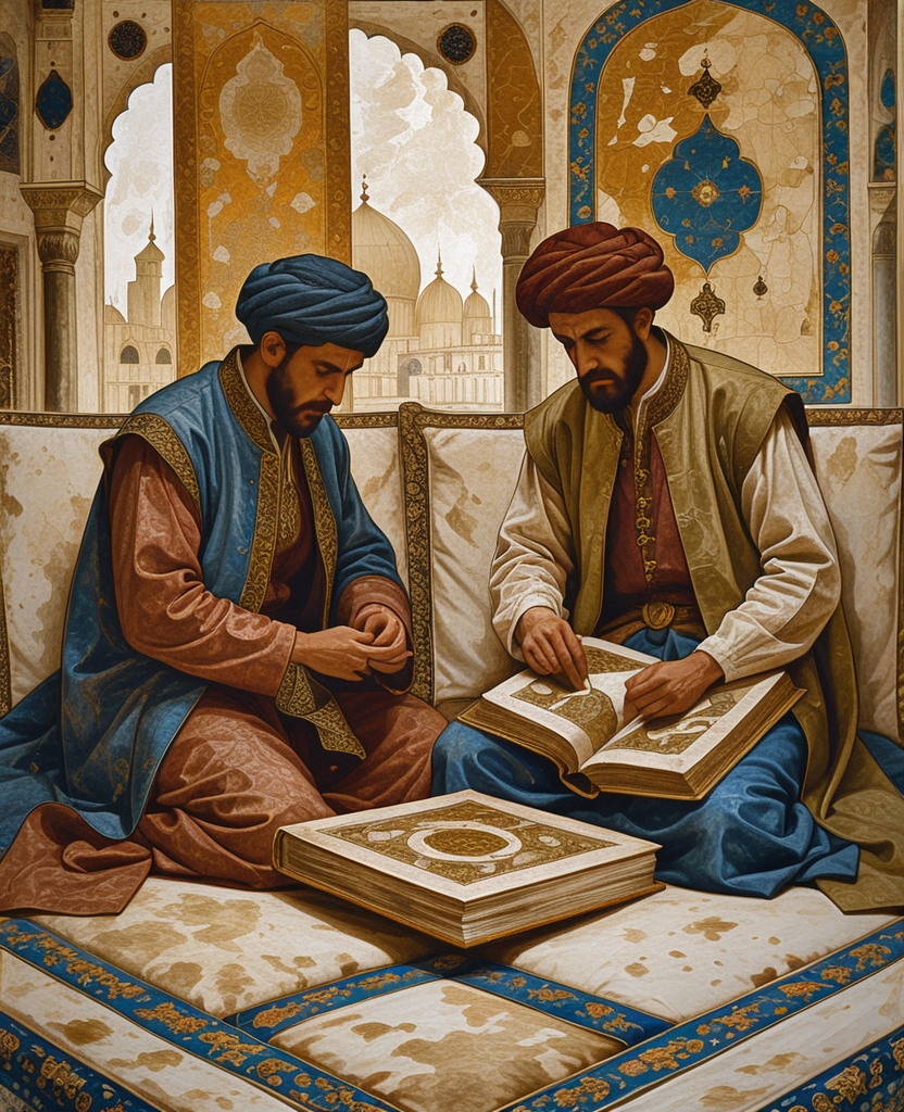 Later still, sitting upon either edge of a large cushion, holding each other’s books on their laps and looking at the pictures that they recognized from Abdullah Khan’s fables, both the miniaturists were overcome with great disappointment because the illustrations they saw weren’t nearly as spectacular as those they’d anticipated from the stories they’d heard, but instead appeared, much like all the pictures they’d seen in recent years, rather ordinary, pale and hazy.