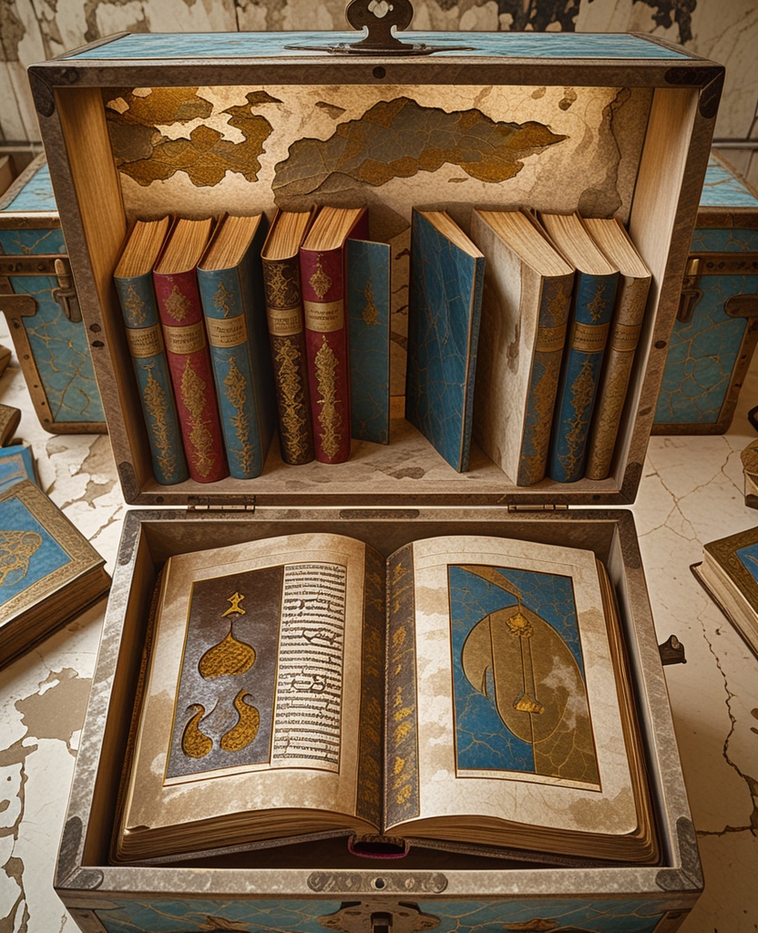 From two separate corners of an iron chest stuffed with amazing tomes, common books and disorderly albums, there emerged two extraordinary volumes—one bound in the Shiraz style with a burgundy cover, the other bound in Herat and finished with a dark lacquer in the Chinese fashion—which contained pages so resembling each other that at first I thought they were copies.