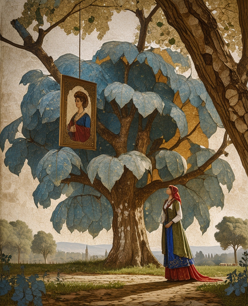 In the famous scene showing Shirin on a countryside outing falling in love with Hüsrev after seeing his picture on the branch of a plane tree, Sheikh Ali Rıza from Shiraz had drawn distinctly all the leaves of the tree one by one so they filled the entire sky.