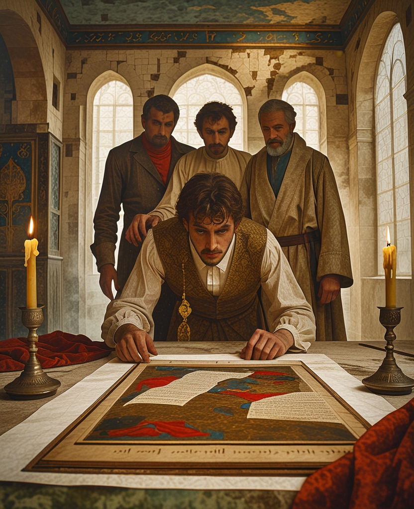 There, in the cold Treasury room suffused with a dark red that I’d never seen before—caused by the color of the cloth and dust within the peculiar light of the candles—I would occasionally cry out in admiration, whereupon Black and the dwarf would rush to my side and look over my shoulder at the magnificent page before me.