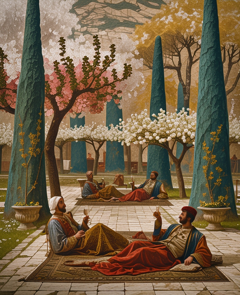 We looked at the trees of springtime blooming in an array of color, the cypresses in a garden reminiscent of Heaven and the elation of the beloveds reclining in that garden as they drank wine and recited poetry; it was as if we in the moldy, dusty and icy Treasury could also smell those spring blossoms and the delicately scented skin of the joyous revelers.
