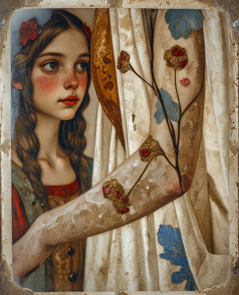 A tiny-footed, transparent-skinned, weak and girlish youth had bared a delicate forearm, which aroused in one the desire to kiss it and die, while a cherry-lipped, almond-eyed, sapling-thin, button-nosed beauty of a maiden gazed with wonder—as though viewing three lovely flowers—upon the three small, deep marks of passion the youth had burned onto the inside of that adorable arm to demonstrate the strength of his love and his attachment to her.