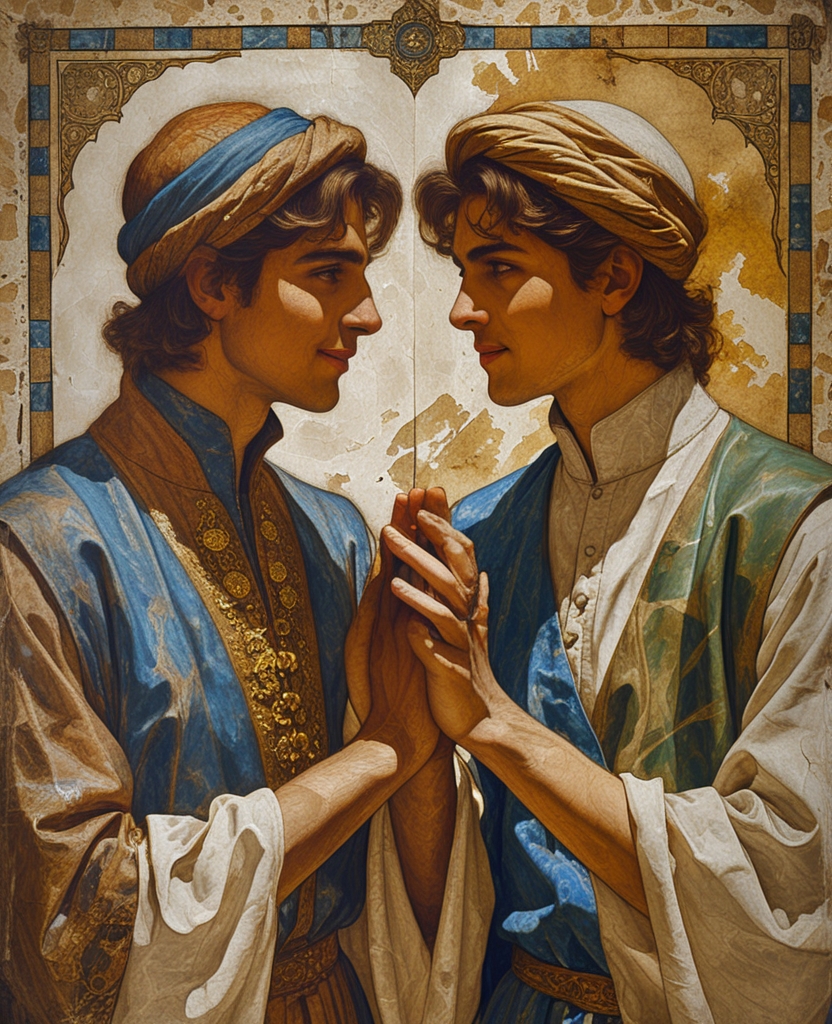 On the page of another album drawn by a young master from Isfahan, with tears in my eyes, I beheld two marvelous youths in love with each other, and was reminded of the love my own handsome apprentices nourished for painting.
