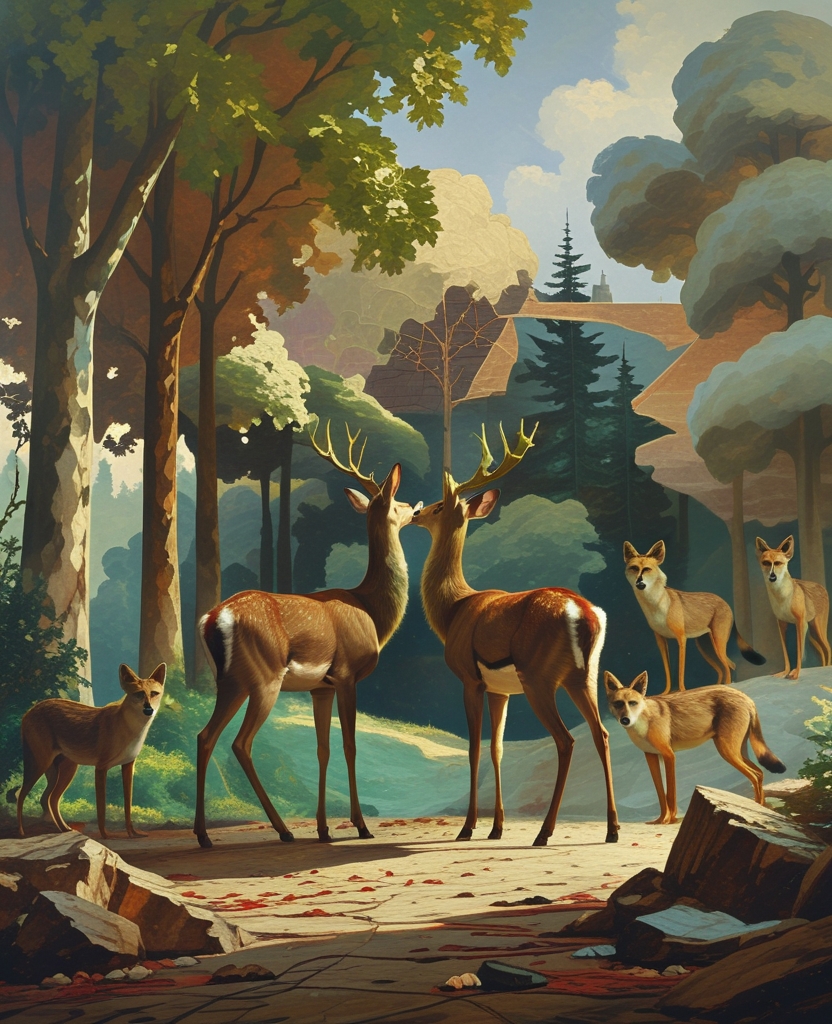 I saw two deer at the edge of a green copse enamored of each other, with jackals watching them in hostile envy.