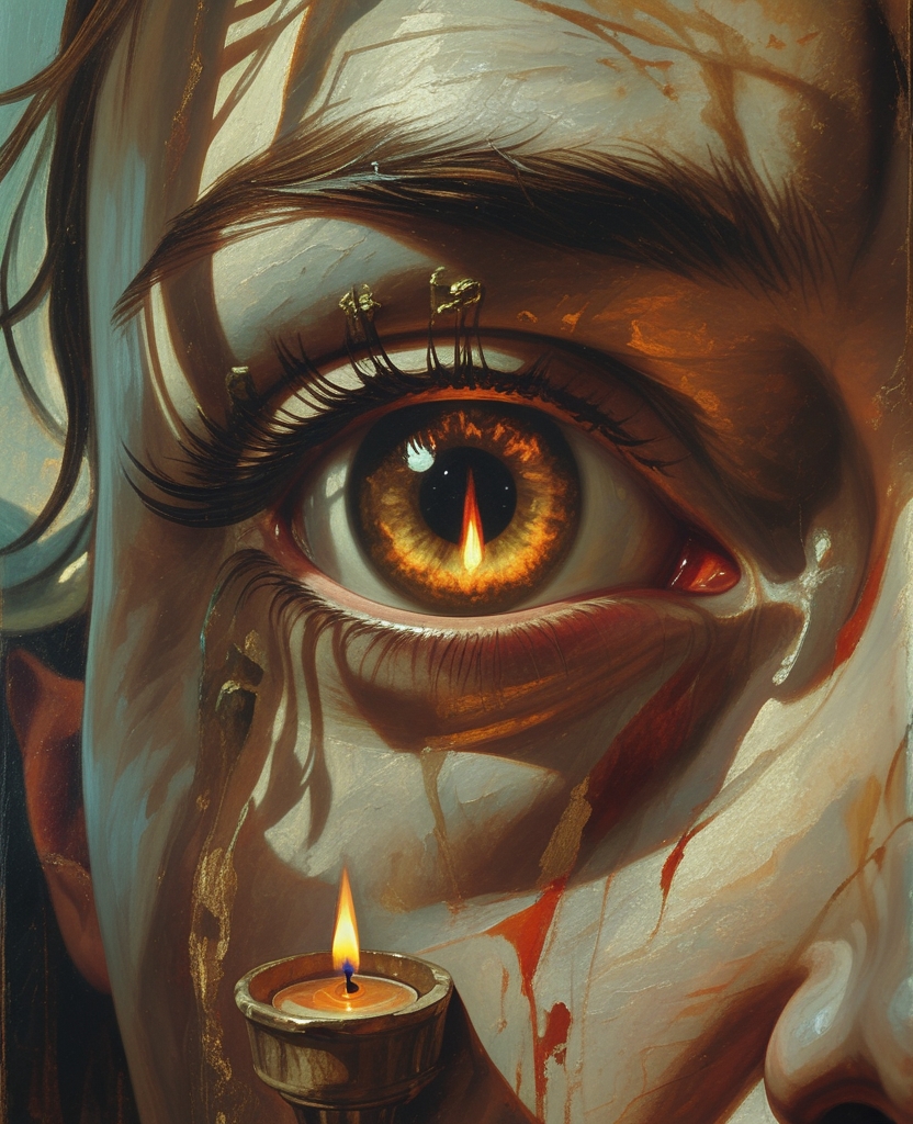Reflected in his pupils, I saw the flame of the candle he held aloft.