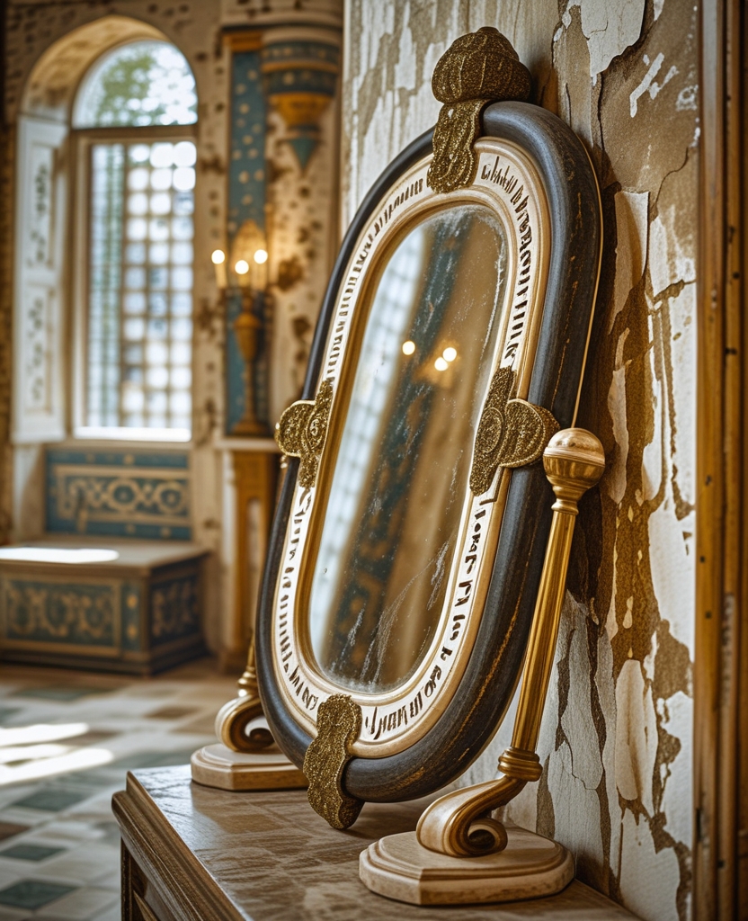 I’d caught sight of it while passing into the next room; I stood and looked, yes, there it was: an ivory mirror with a twisted handle and thick ebony frame, its length nicely embellished with script.