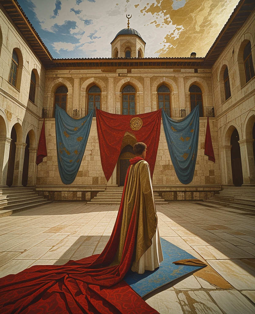 The pale light of the sun fell over the red and oxblood cloth of the Treasury.