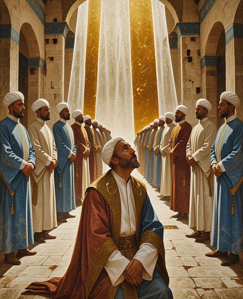With curious amazement, as if seeing some magnificent object for the first time, Master Osman stared at the light cascading toward us between the heads of the Treasury chiefs lined up in rows on either side of the open portal.