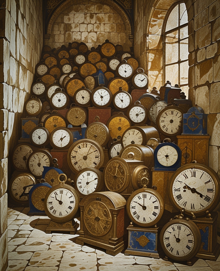 In a dark part of the third of the Treasury rooms, the one abutting the baths, there was a corner cluttered with hundreds of strange clocks sent as presents from Frankish kings and sovereigns; when they stopped working, as they usually did within a short time, they were set aside here.