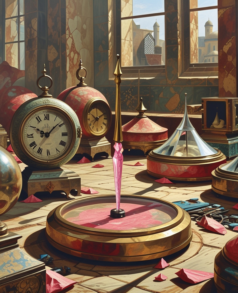 By the red daylight filtering inside, reflecting off the casings, crystal faces and diamonds of the dusty and broken clocks, the golden tip of the needle, coated with a pinkish liquid, occasionally shimmered.