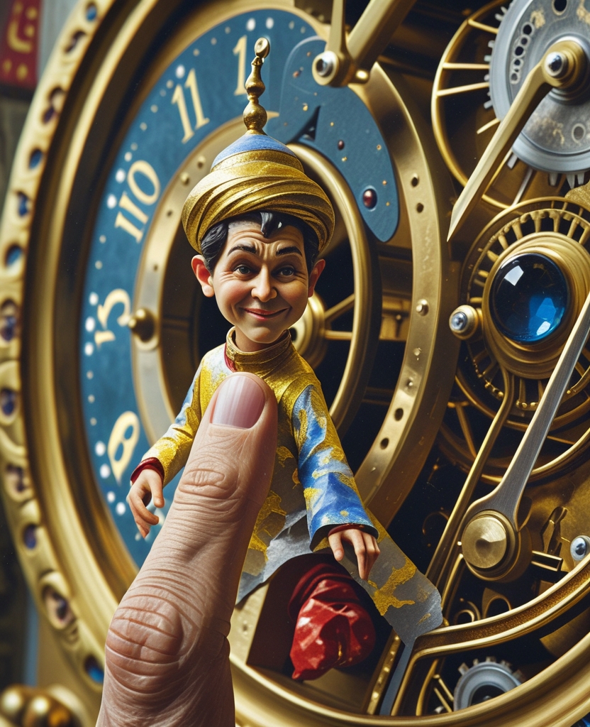 The expression of an impish Moroccan, the size of a finger and colorfully painted, attached to the mechanism of one of the large clocks seemed to say “Yes!”