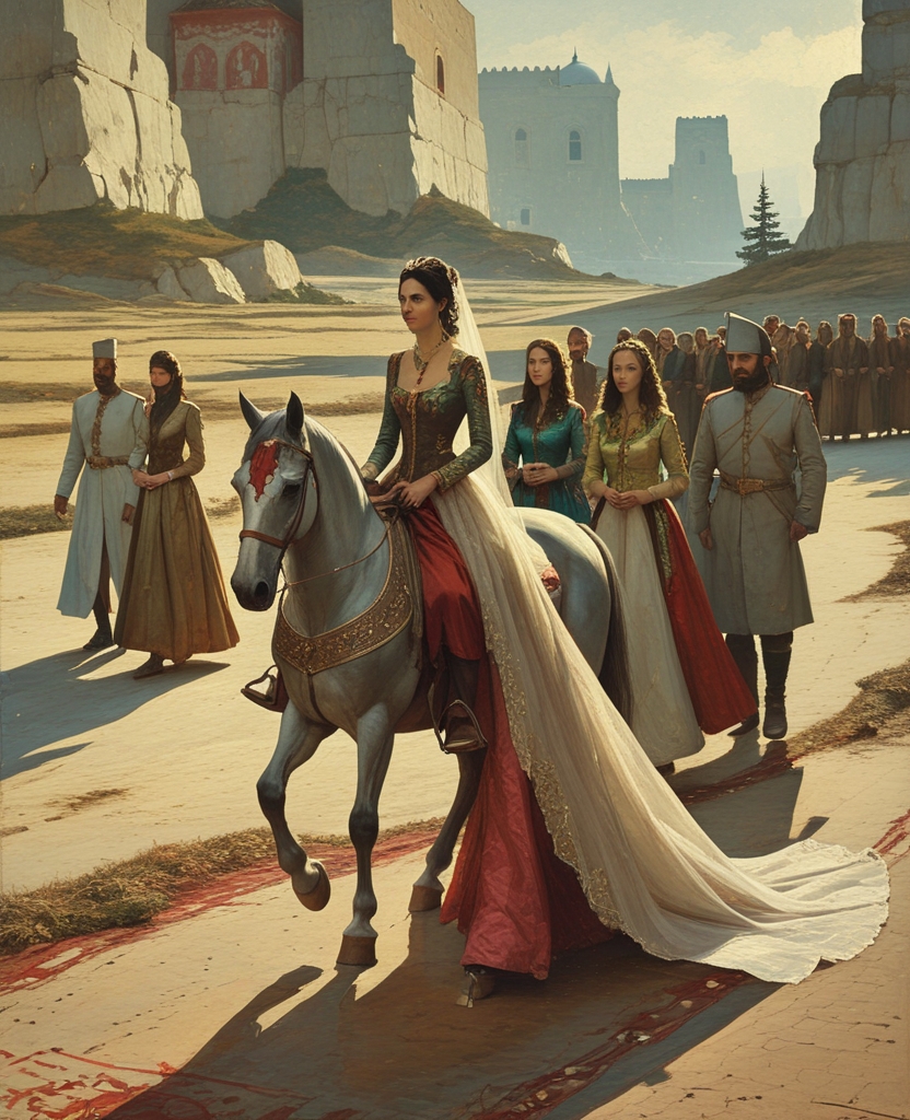 She’s mounted on a gray horse with its nostrils cut open, she’s on her way to be wed, with her companions and an escort of guards who are strangers to her.