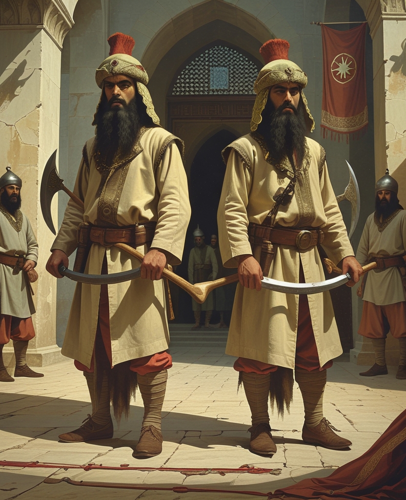 The faces of the guards, their harsh expressions, intimidating black beards, furrowed eyebrows, long thick mustaches, heavy frames, robes of simple thin cloth, thin shoes, headdresses of bear fur, their battle-axes and scimitars indicate that they belong to the Whitesheep Turkmen of Transoxiana.