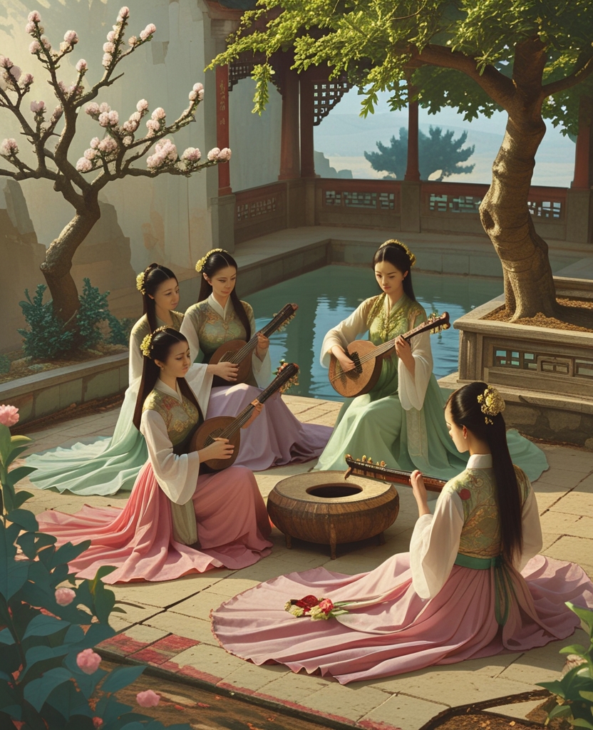 We saw strikingly beautiful Chinese maidens depicted in the style of our melancholy bride gathered together in a garden playing a peculiar-looking lute.
