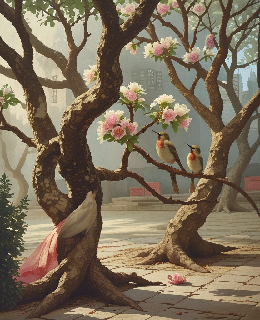 We saw gnarled trees rendered in the Chinese style, their spring blossoms in full bloom, and nightingales tipsy with elation perched on their branches.