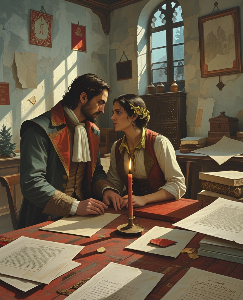 Within the icy darkness and cluttered disarray of the Treasury, which resembled a recently abandoned battlefield, our bodies were so close that my whispering became an expression of intimacy.