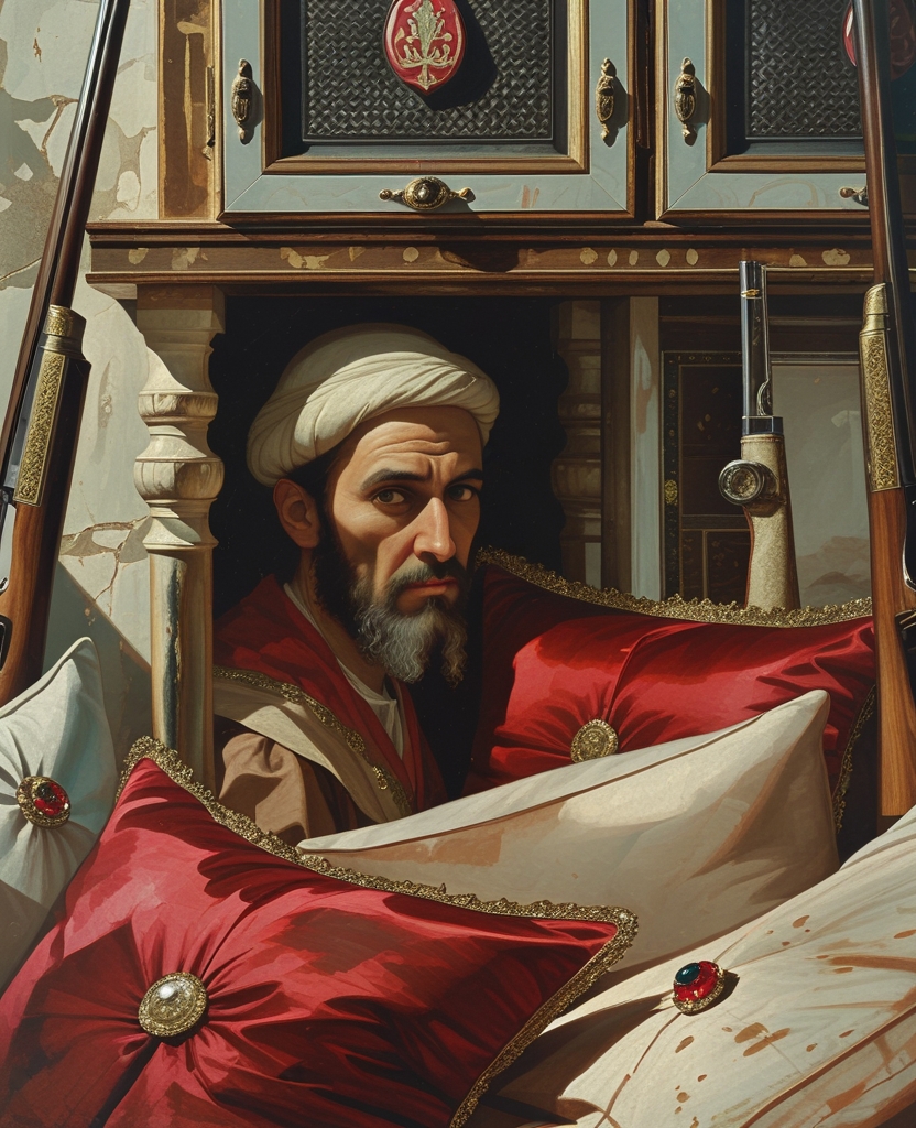 I withdrew into a corner among cushions embroidered with pearls, rusty-barreled rifles with jewel-studded butts and cabinets, and began eyeing Master Osman.