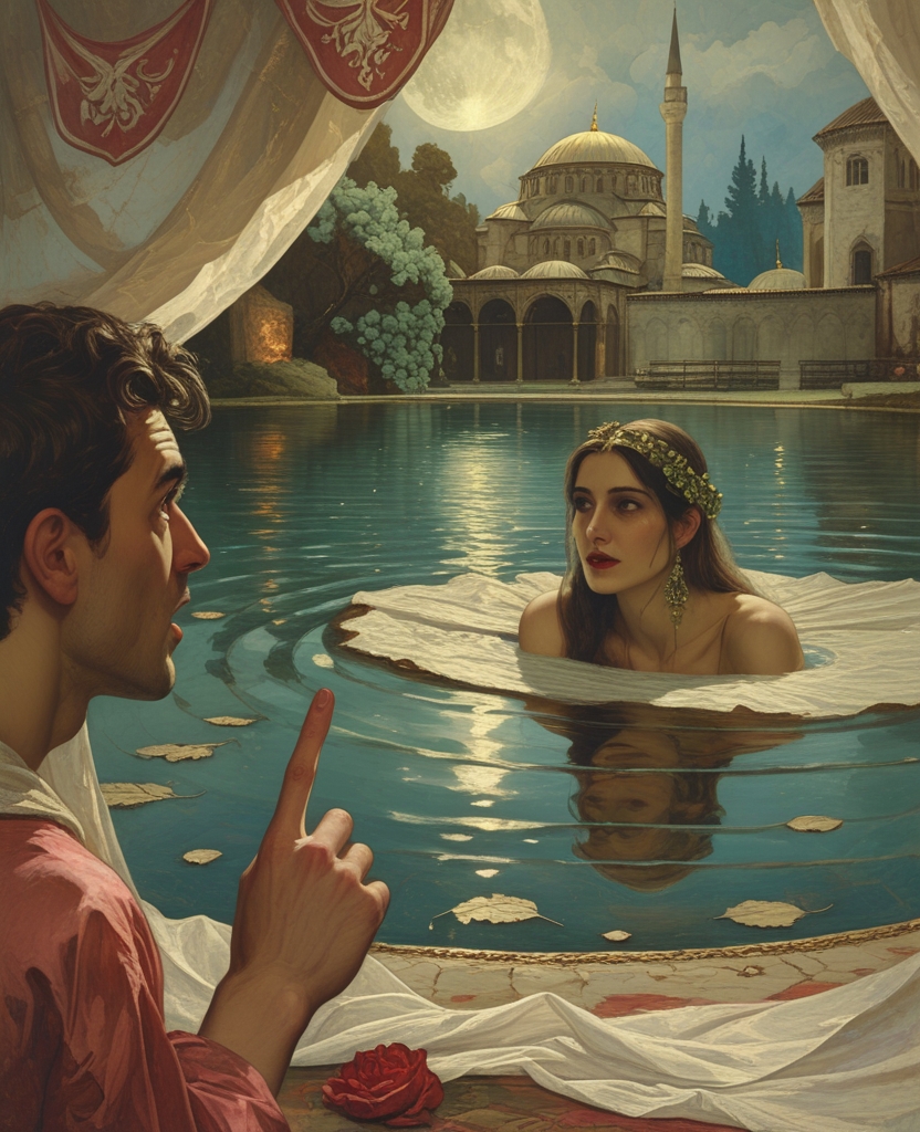 An astonished Hüsrev’s finger remained in his mouth as he saw for the first time the beauty of Shirin, whose skin was like moonlight as she bathed in the once glimmering lake whose silver leaf had tarnished.