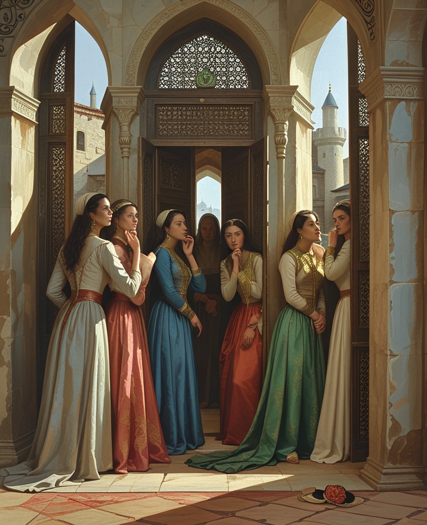 I spent even more time carefully examining the gorgeous women of the harem who, with fingers in their mouths, stood behind half-opened palace doors, at the inaccessible windows of castle towers and peered from behind curtains.