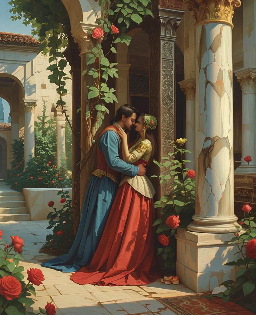 As happy yet somber lovers who emerged as if from a love poem were carried away by the force of passion and wine in a garden reminiscent of Paradise, a malicious lady servant spied on them with an envious finger in her red mouth.