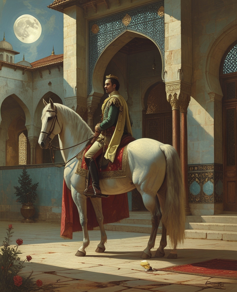 His face lit up like a child’s, and he smiled. “Hüsrev, burning with love, as he waits astride his horse for Shirin before her palace in the middle of the night,” he said. “Rendered in the style of the old masters of Herat.”