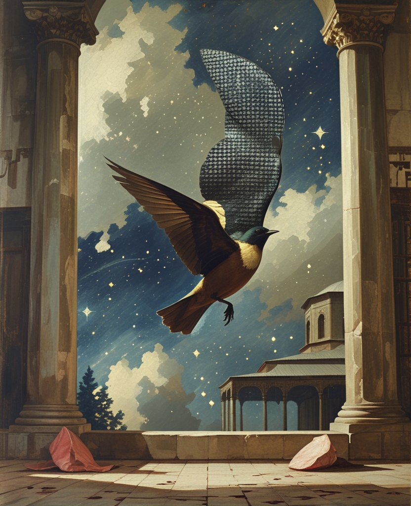 For them, everything within the navy-blue night is frozen: The bird flies through the darkness, among the stars, with a fluttering like the racing hearts of the lovers themselves, and at the same time, remains fixed for all eternity as if nailed to the sky in this matchless moment.