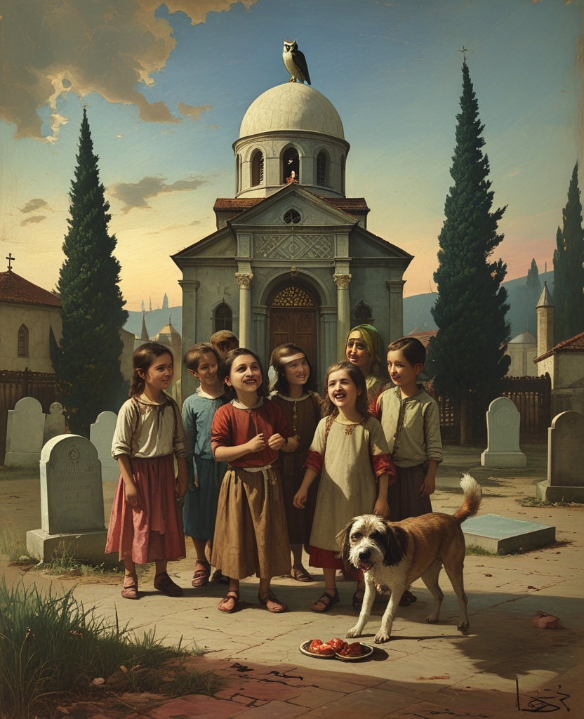 Awaiting nightfall, an owl was perched on the dome of a small Greek church; runny-nosed neighborhood kids laughed at my clothes and bundle, and a mangy dog happily scratching himself loped down from the cemetery lined with cypresses to greet the night.