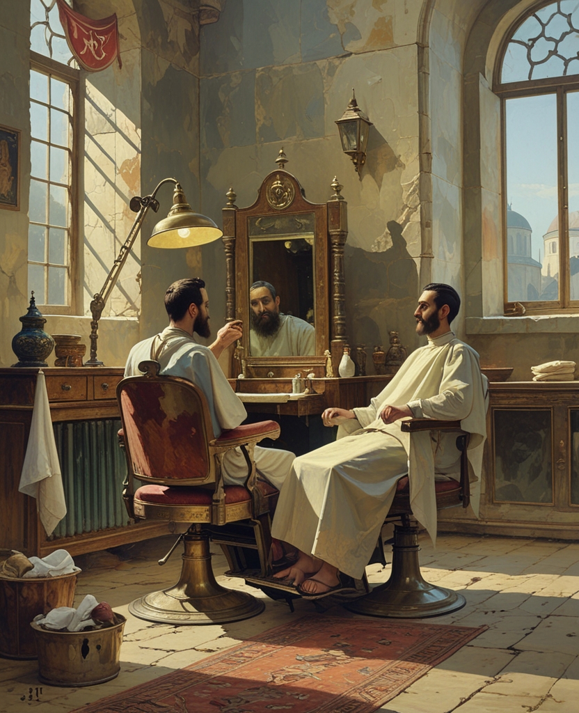 I saw him talking to the master barber being shaved by an honest-looking boy wit