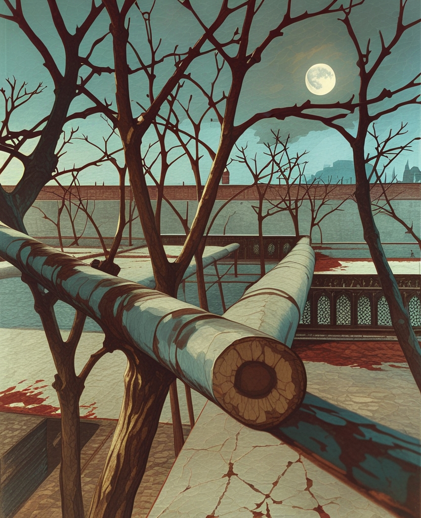The bare, wet branches of the chestnut and mulberry trees glimmered in the pale light of the half-moon.