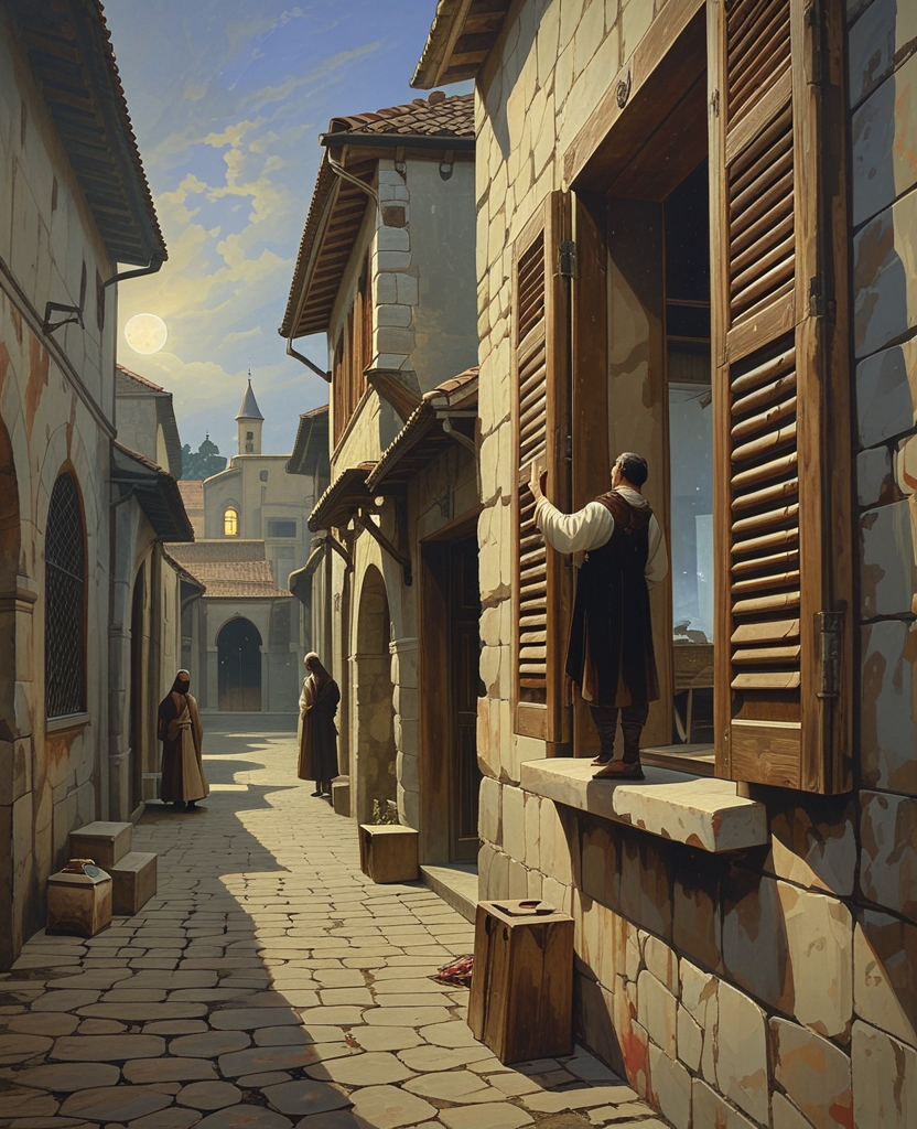 Just behind the walls and closed shutters, which we felt blindly with our hands, we heard the snoring and coughing of people in the nighttime cold as well as the lowing of beasts in their stables.