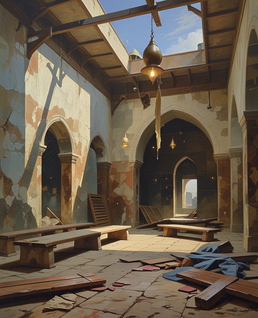 An oil lamp hanging from a nail high on the wall hadn’t died out during the turmoil but only illuminated the soot marks on the ceiling, leaving in darkness the floor strewn with the boards of wrecked wood benches, broken low tables and other debris.