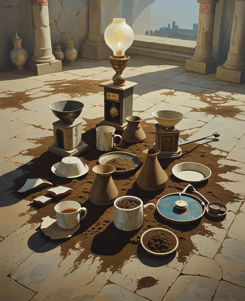 Near the stove, the light of the lamp struck broken coffee grinders, sieves, scales and pieces of broken coffee cups lying in the mud of spilled coffee.