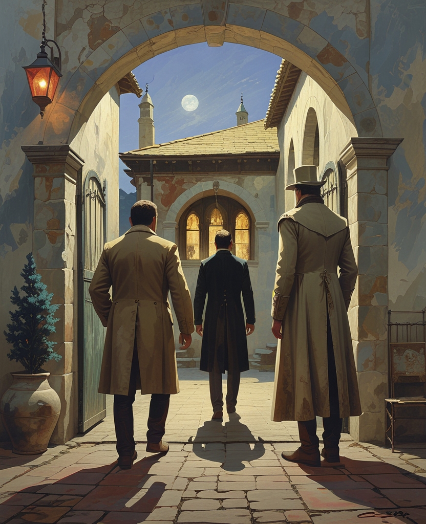 We passed through the courtyard gate, and I thought I saw the light of a lamp moving in the house, but thank God all was in darkness now.