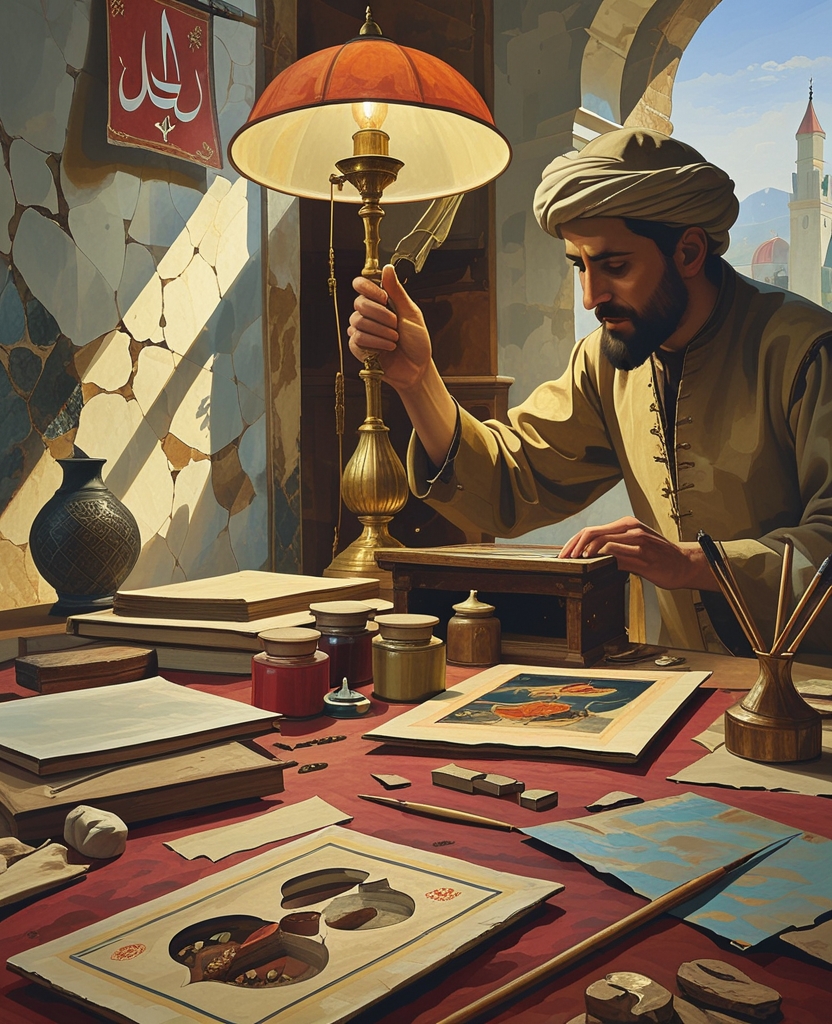Lowering the lamp, he examined my papers, a page I was in the midst of completing—condemned prisoners pleading to the Sultan to be relieved of their chains of debt and receiving His benevolence—my paints, my worktables, my knives, my reed-cutting boards, my brushes, everything around my writing table, my papers again, my burnishing stones, my penknives and the spaces between my pen and paper boxes; he looked in cabinets, chests, beneath cushions, at one of my paper scissors, and beneath a soft red cushion and a carpet before going back, bringing the lamp closer and closer to each object and examining the same places once again.